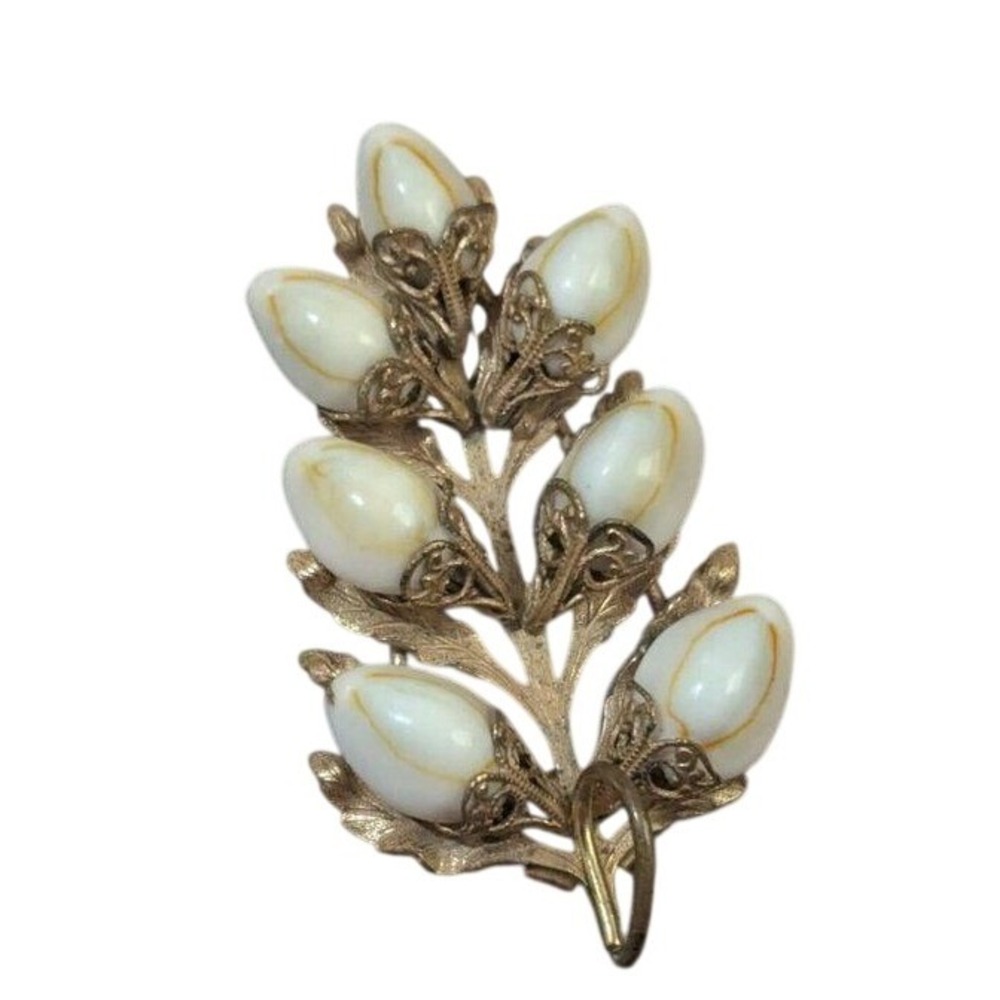 Vintage Gold Tone Botanical Branch Brooch with White Shell Buds Pin‎